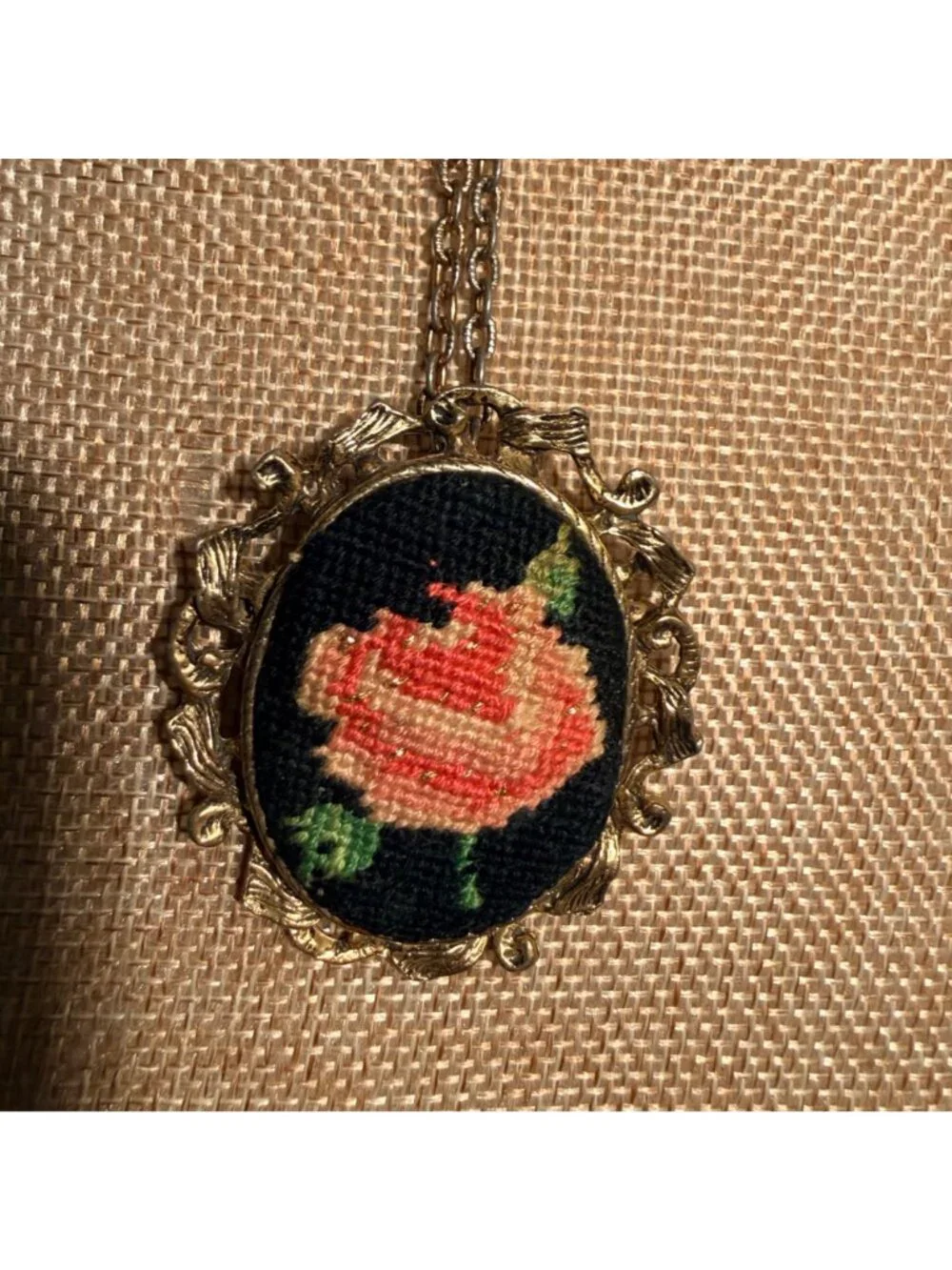 Vintage Needlepoint Rose Necklace Brooch Gold Tone Floral Convertible Pendant